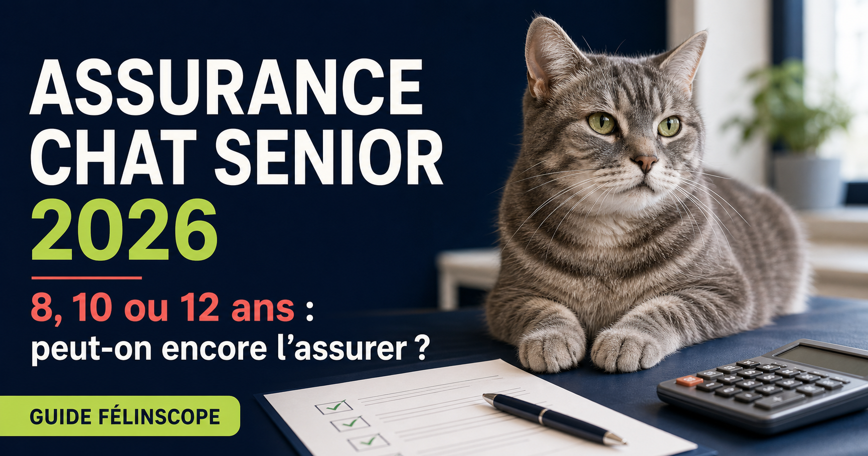 Chat senior devant une checklist et une calculatrice pour évaluer une assurance santé