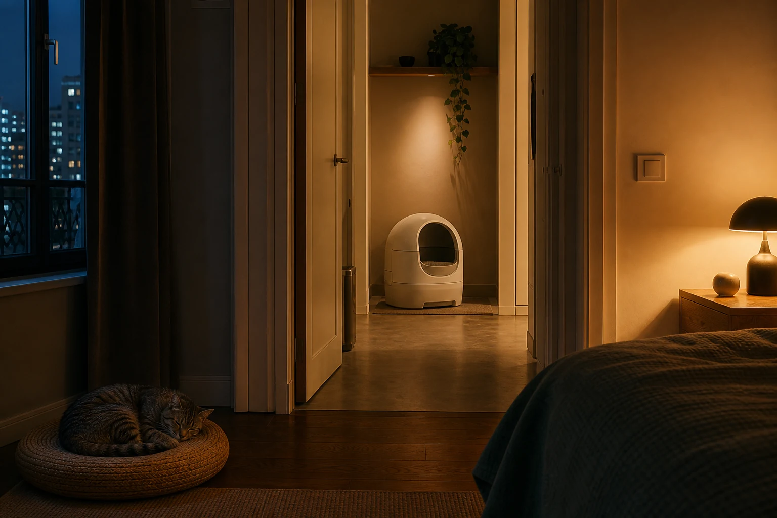 Litière automatique placée hors de la chambre pendant la nuit dans un appartement calme