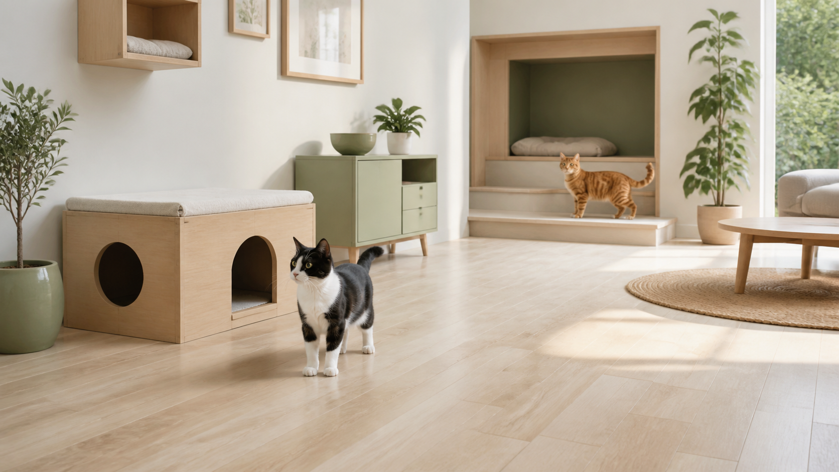 Deux chats entièrement visibles près de refuges séparés et accessibles par plusieurs chemins