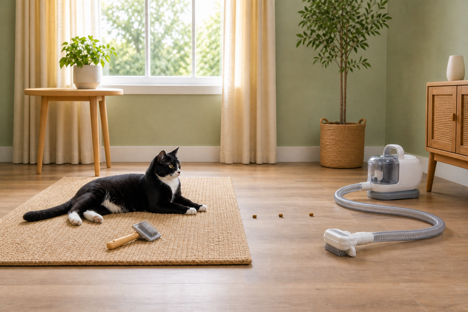 A full-body tuxedo cat with a brush, treat path and complete switched-off grooming vacuum positioned at a safe distance