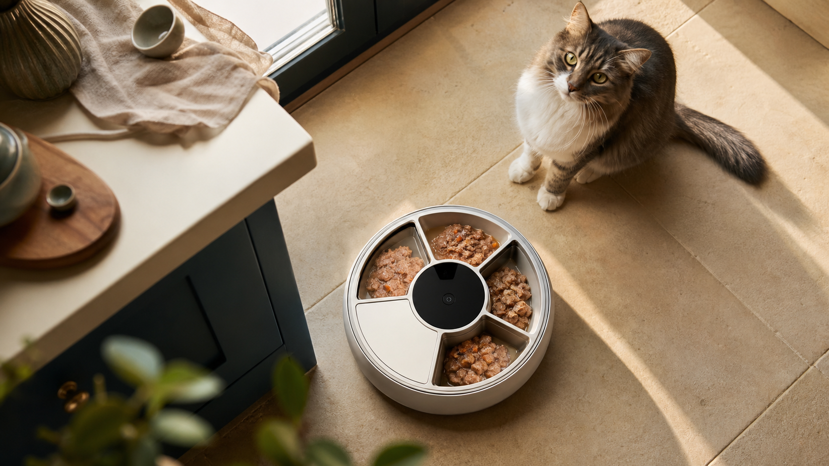 Cinq compartiments du Cat Mate C500 remplis de portions humides