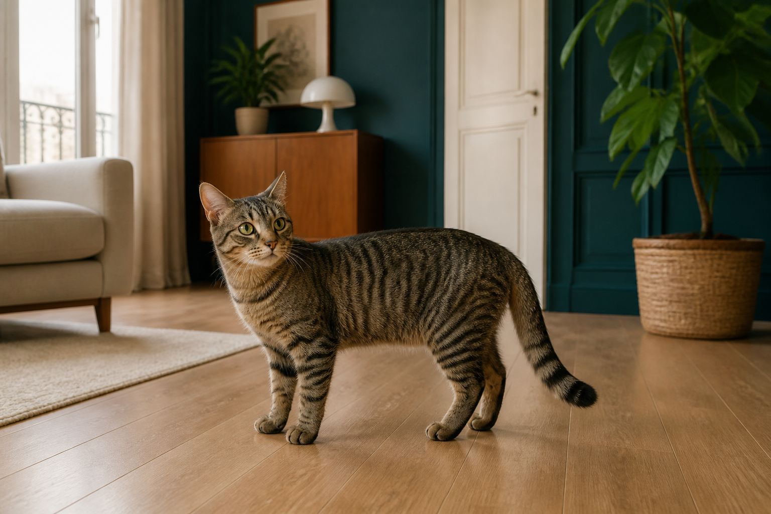 Chat tigré entièrement visible tournant légèrement une oreille vers un son dans une pièce calme