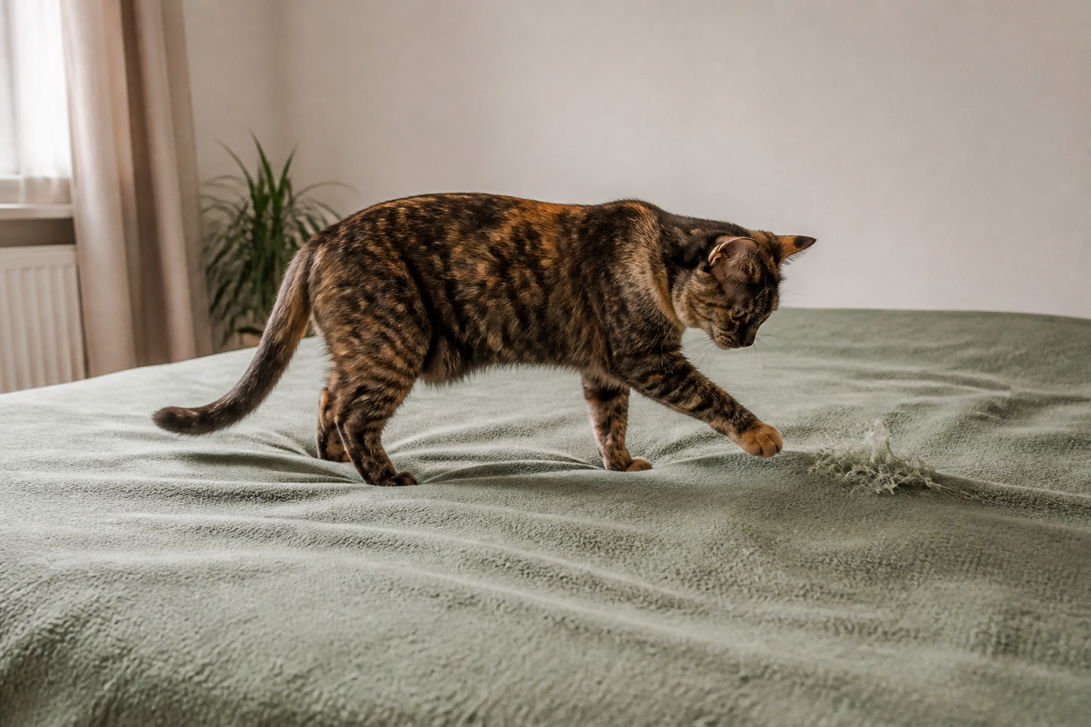 Chatte écaille-de-tortue entièrement visible examinant des fibres tirées sur un plaid vert