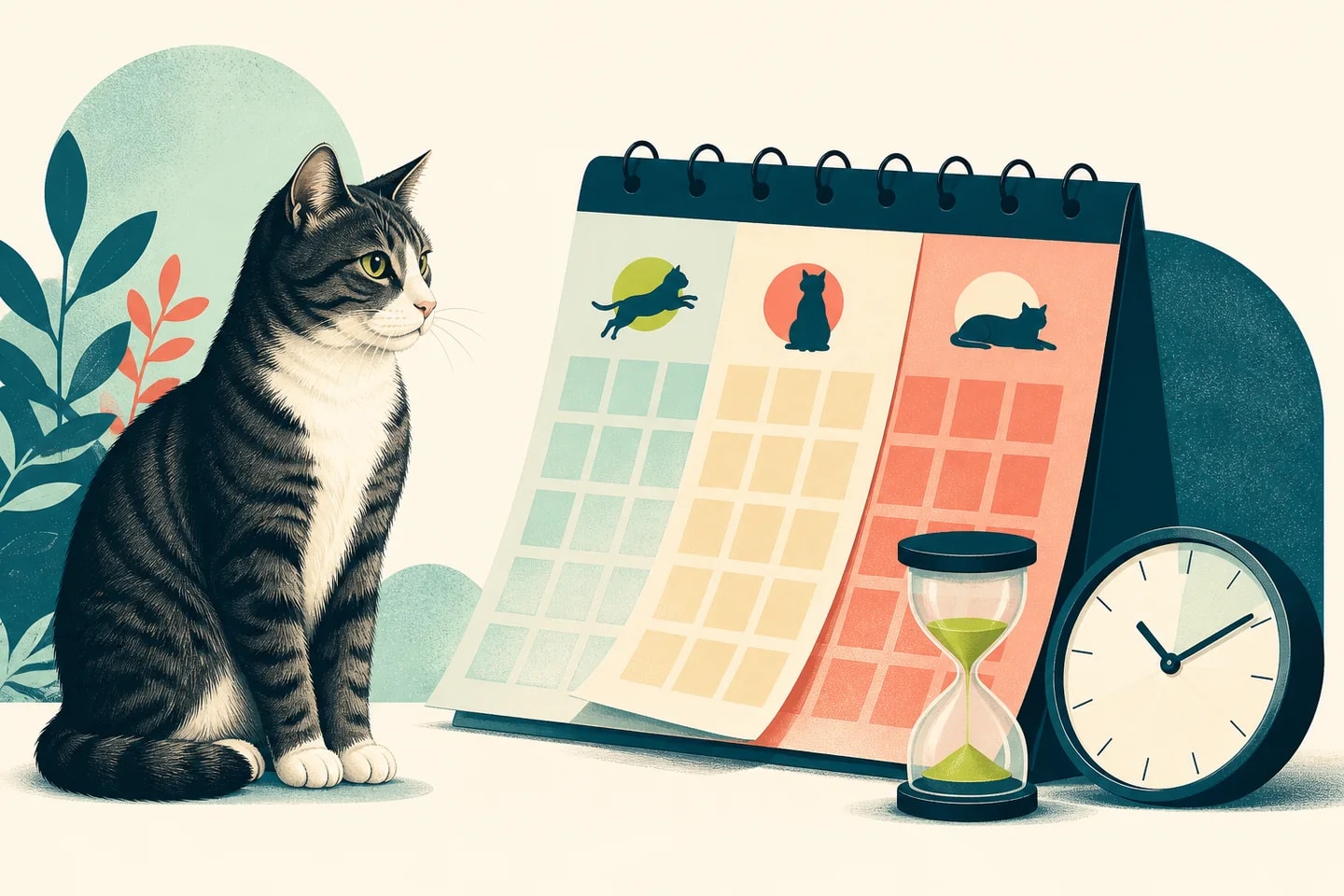Chat devant un calendrier, une horloge et un sablier représentant les délais de carence