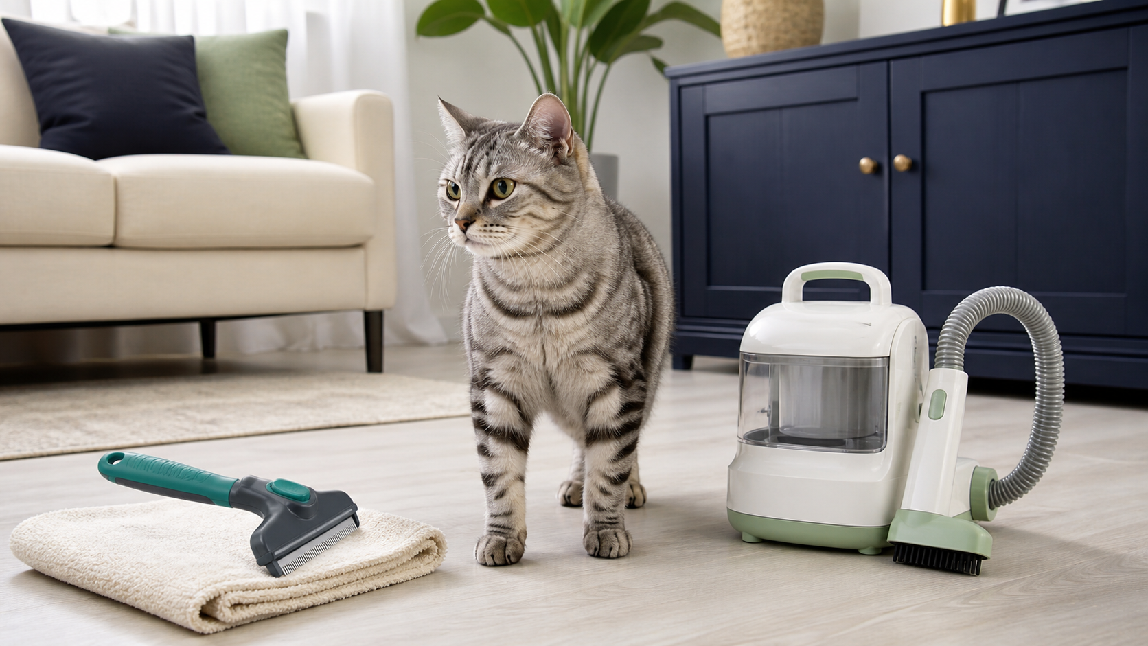 A full-body silver tabby cat choosing between a complete manual undercoat tool and a complete grooming vacuum