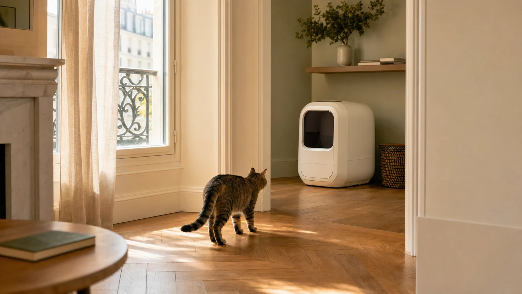 Chat devant une litière automatique compacte dans un appartement lumineux