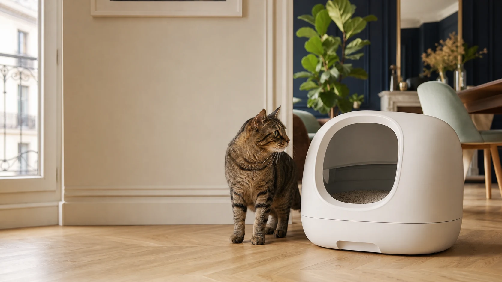 Chat tigré observant une litière automatique compacte dans un salon lumineux