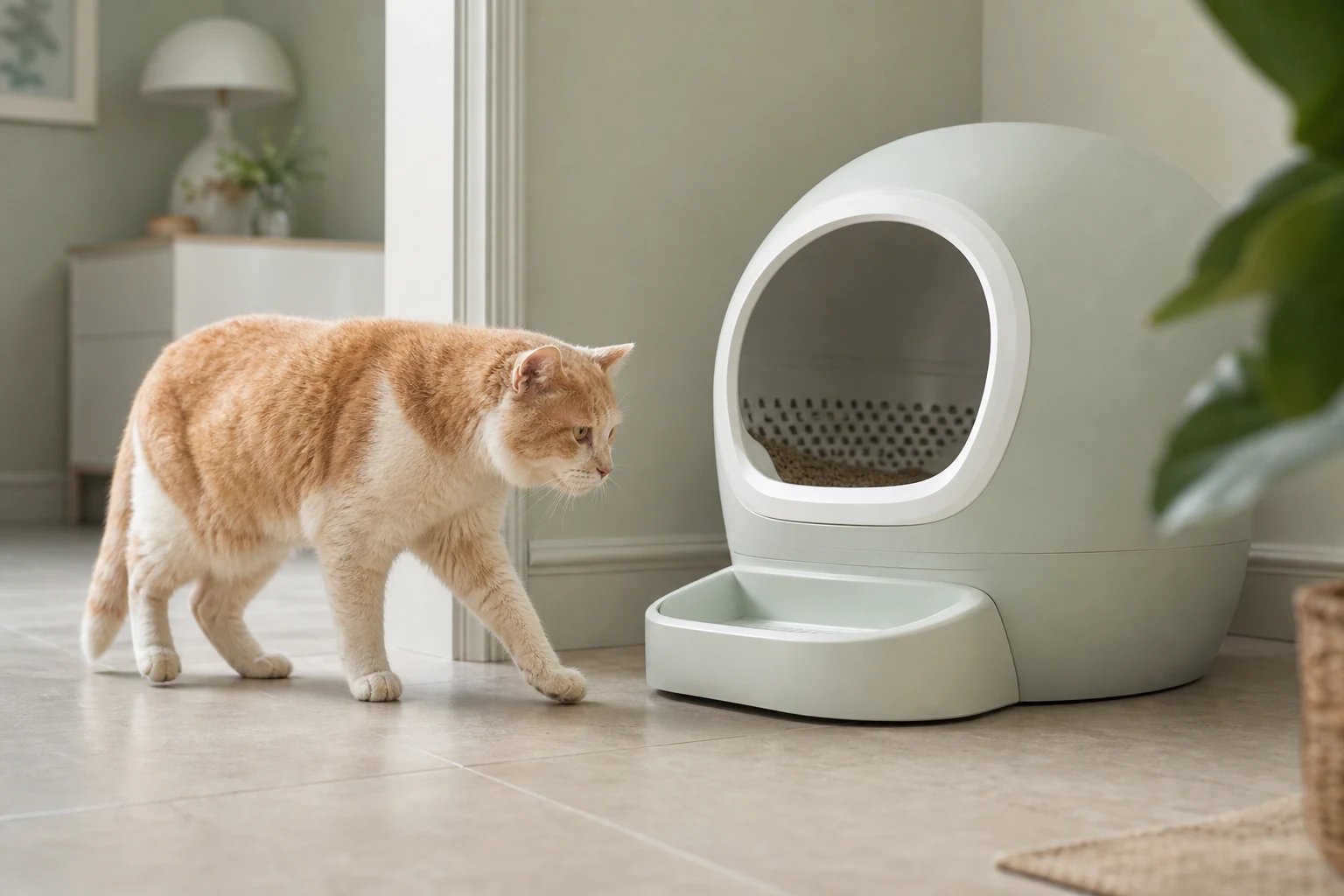 Chat âgé approchant une litière automatique à entrée basse posée sur un sol dur