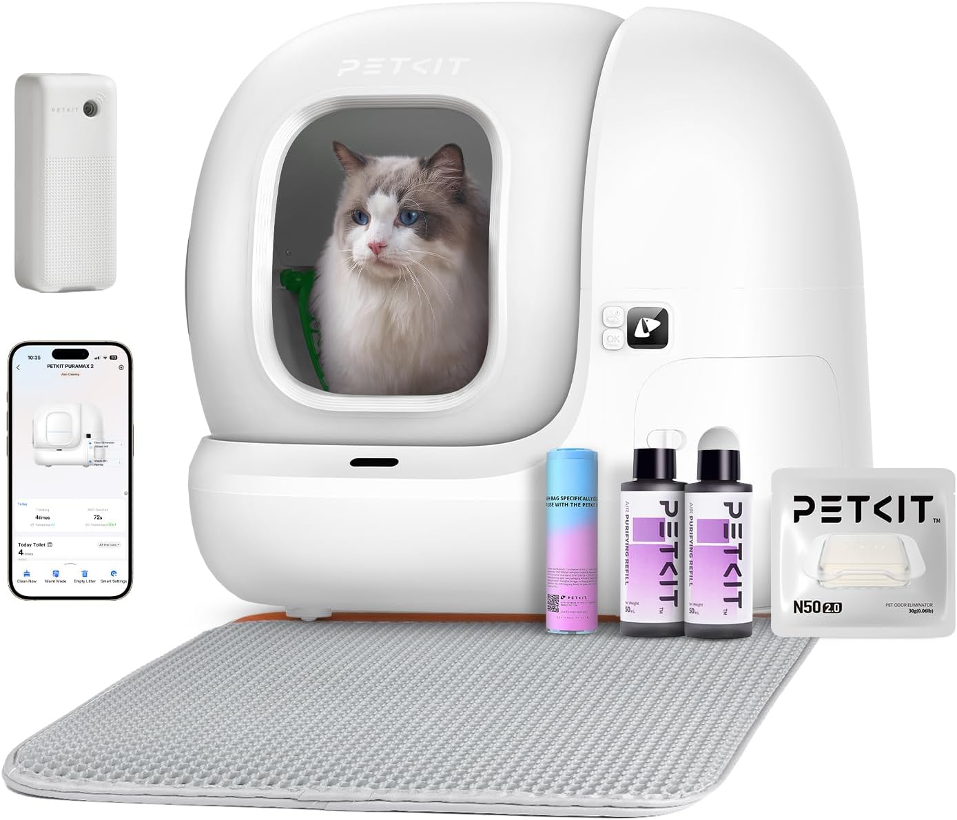 PETKIT PURA MAX 2 avec un chat, l’application et les accessoires de désodorisation