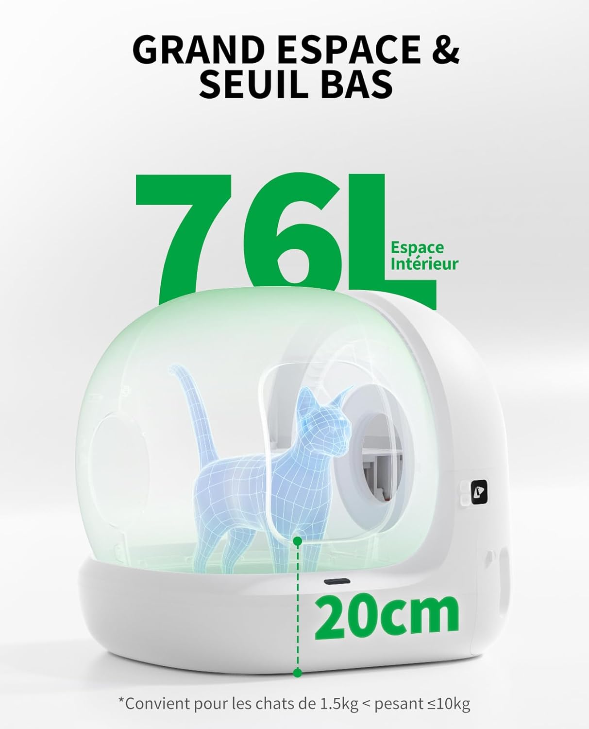 Schéma PETKIT annonçant 76 litres, une entrée de 20 centimètres et une plage de poids