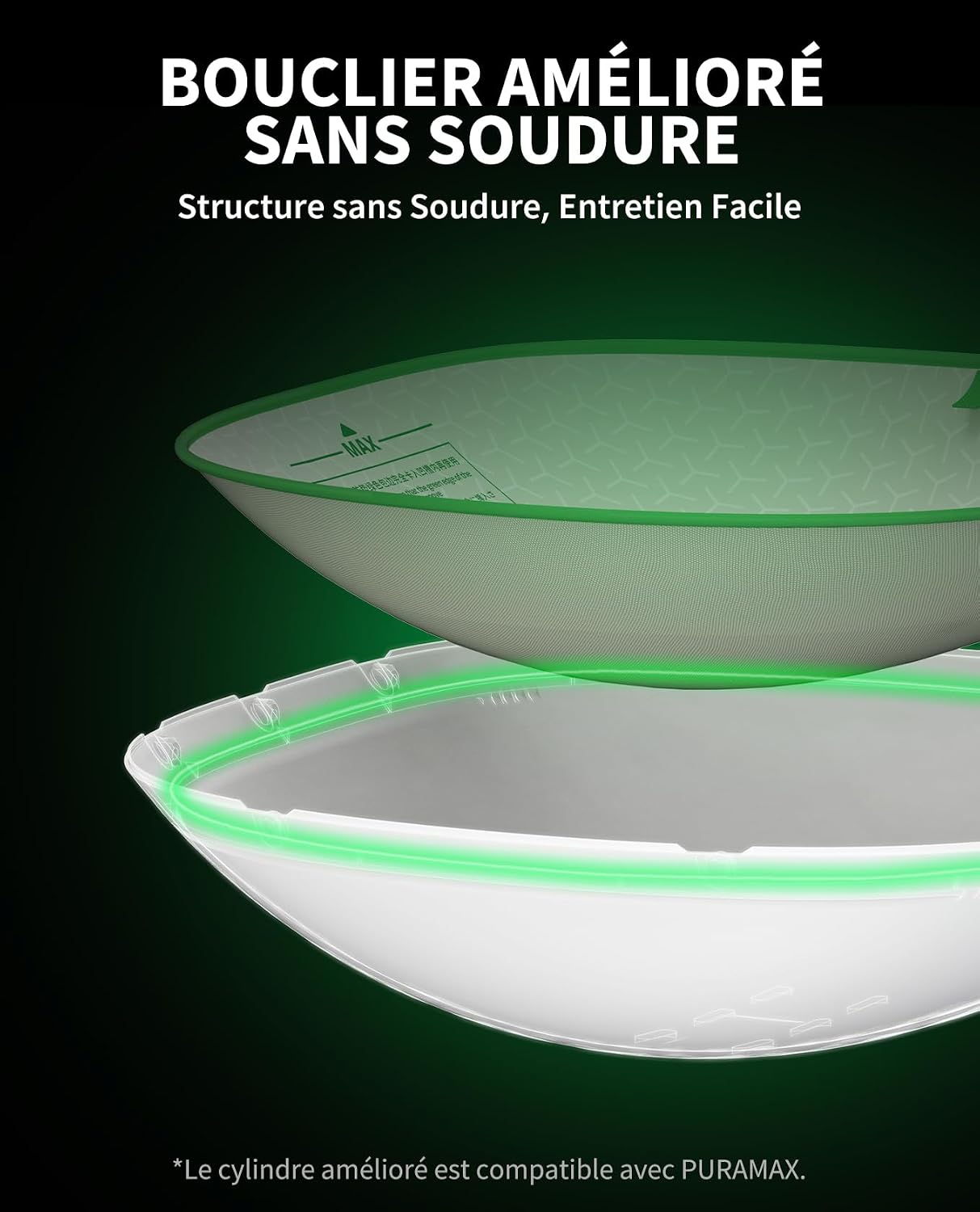 Schéma commercial du bouclier sans soudure et du tapis intérieur de la PETKIT PURA MAX 2