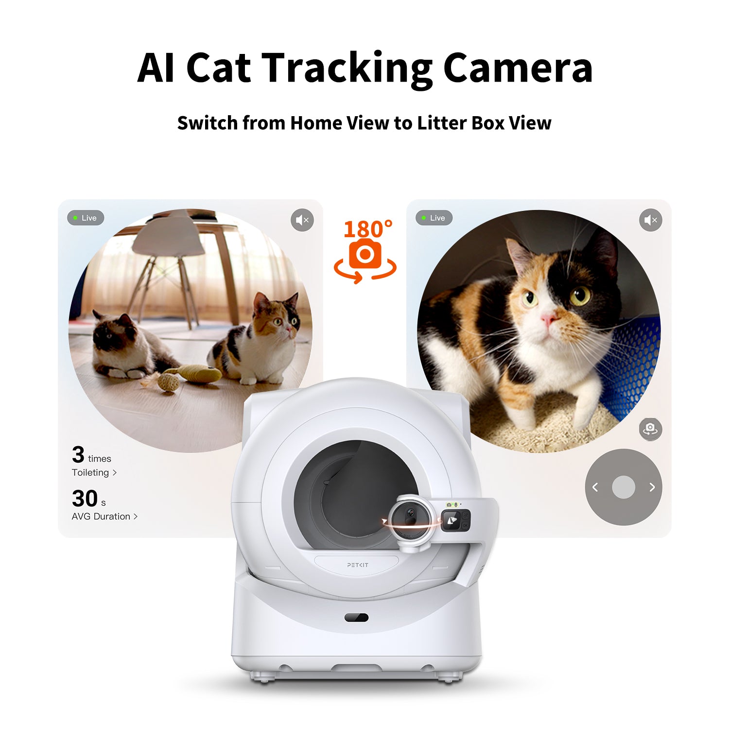 Caméra rotative de la PETKIT Purobot Ultra entre vue de la pièce et vue de la litière
