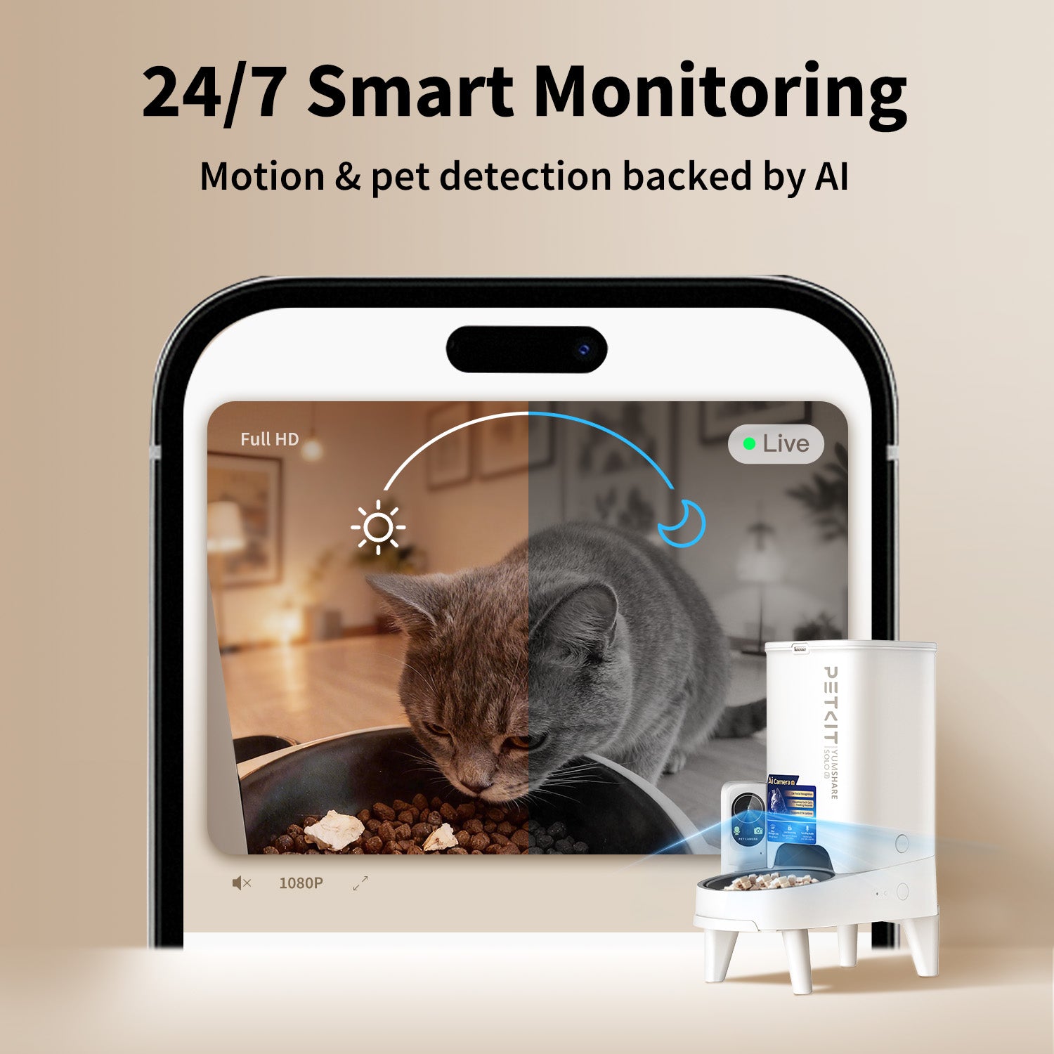 Caméra du PETKIT YumShare Solo 2 montrant le direct de jour et la vision nocturne
