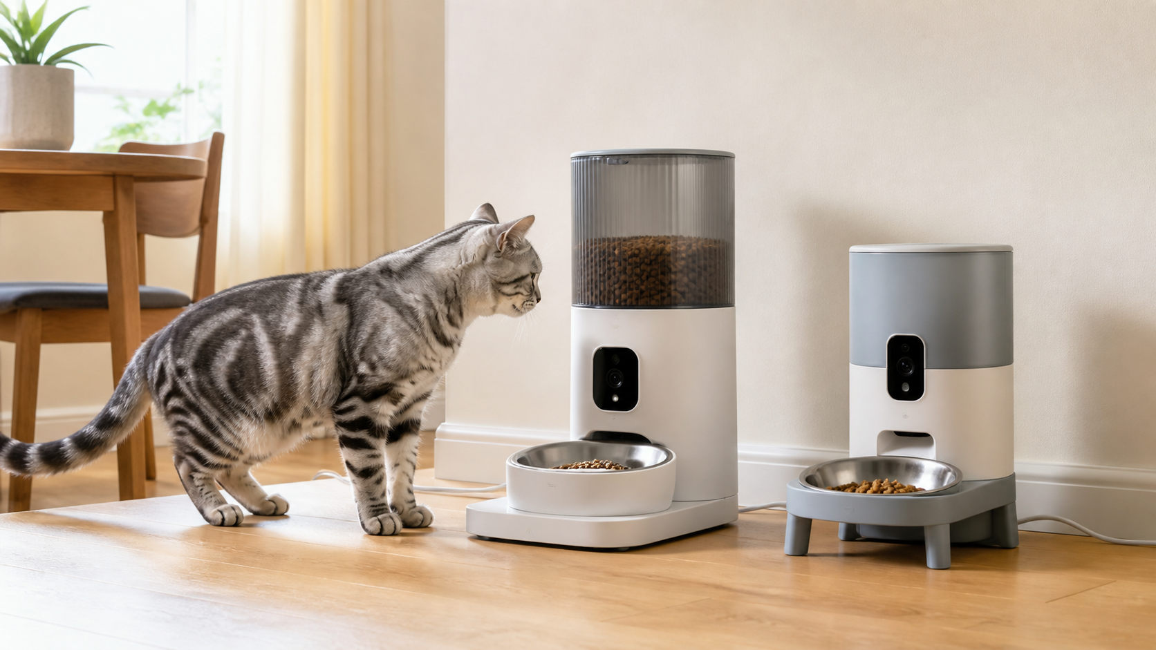 A full-body silver tabby cat beside two completely visible unbranded smart camera feeder concepts