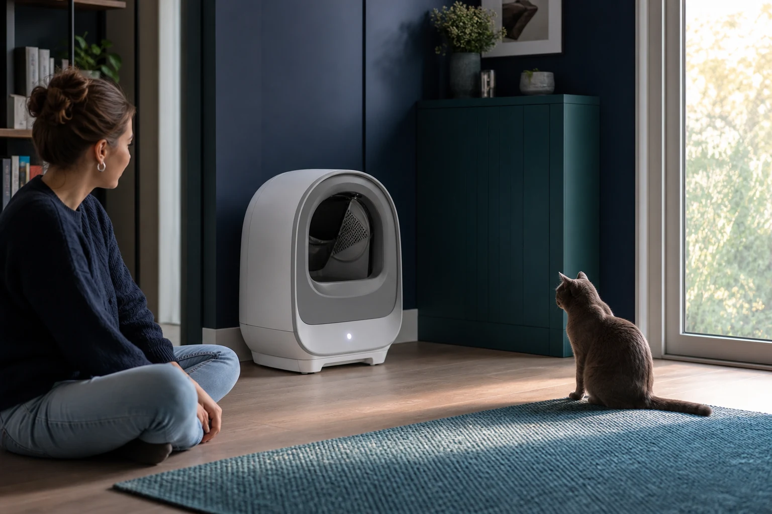 Chat observant calmement le premier cycle d’une litière automatique à distance