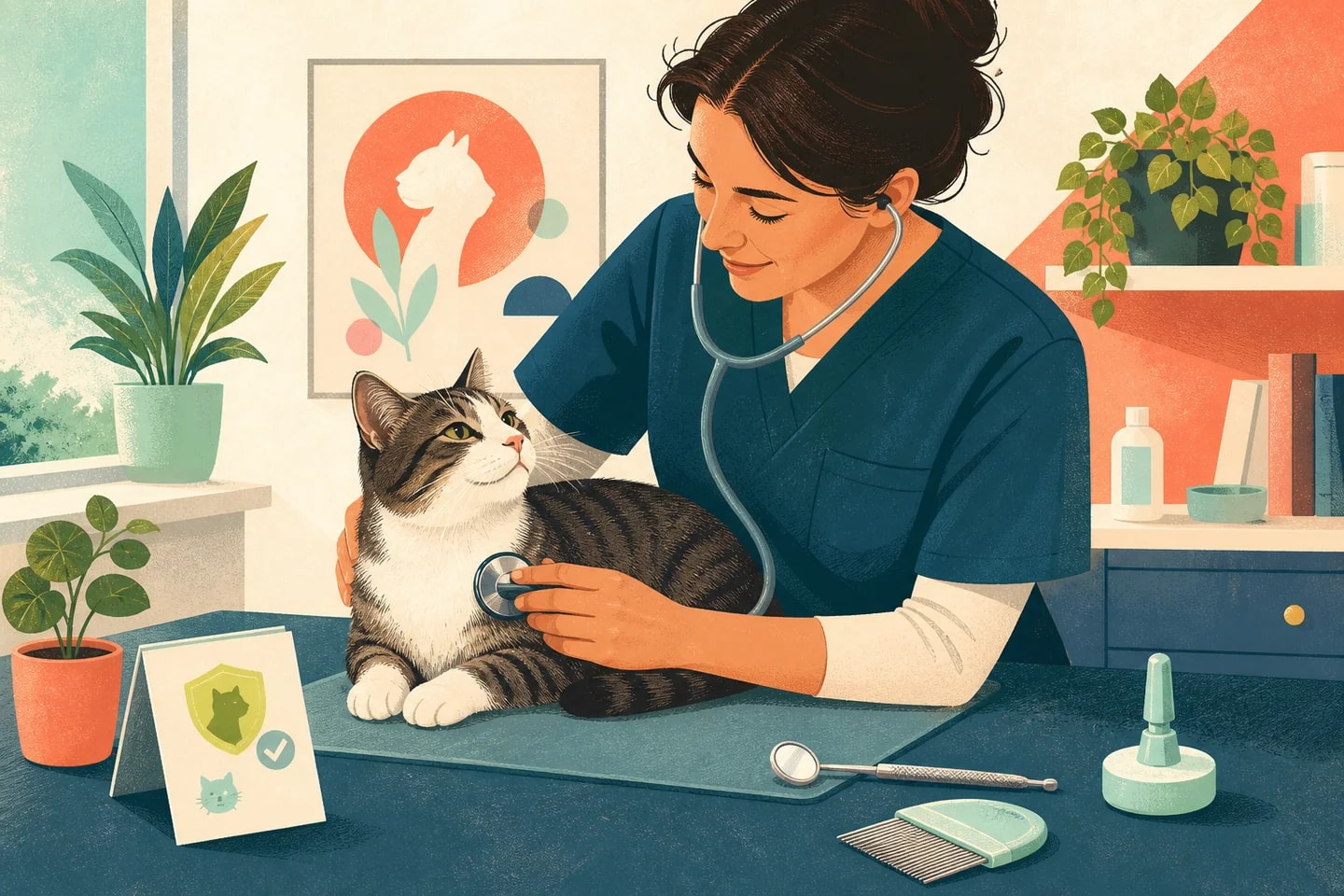Chat détendu pendant un contrôle vétérinaire préventif
