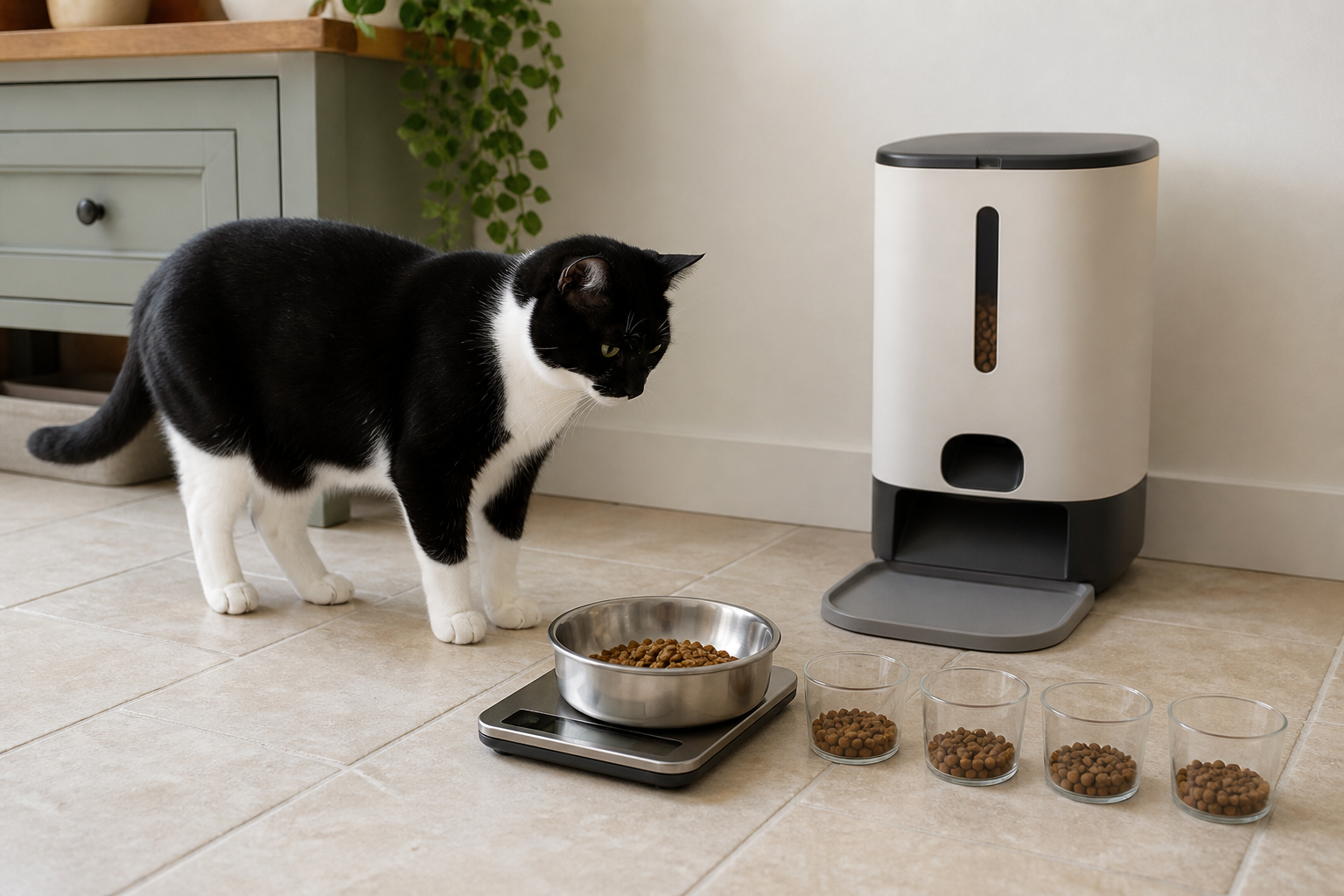 A complete smart feeder, full-body tuxedo cat, kitchen scale and four portion cups during a kibble calibration