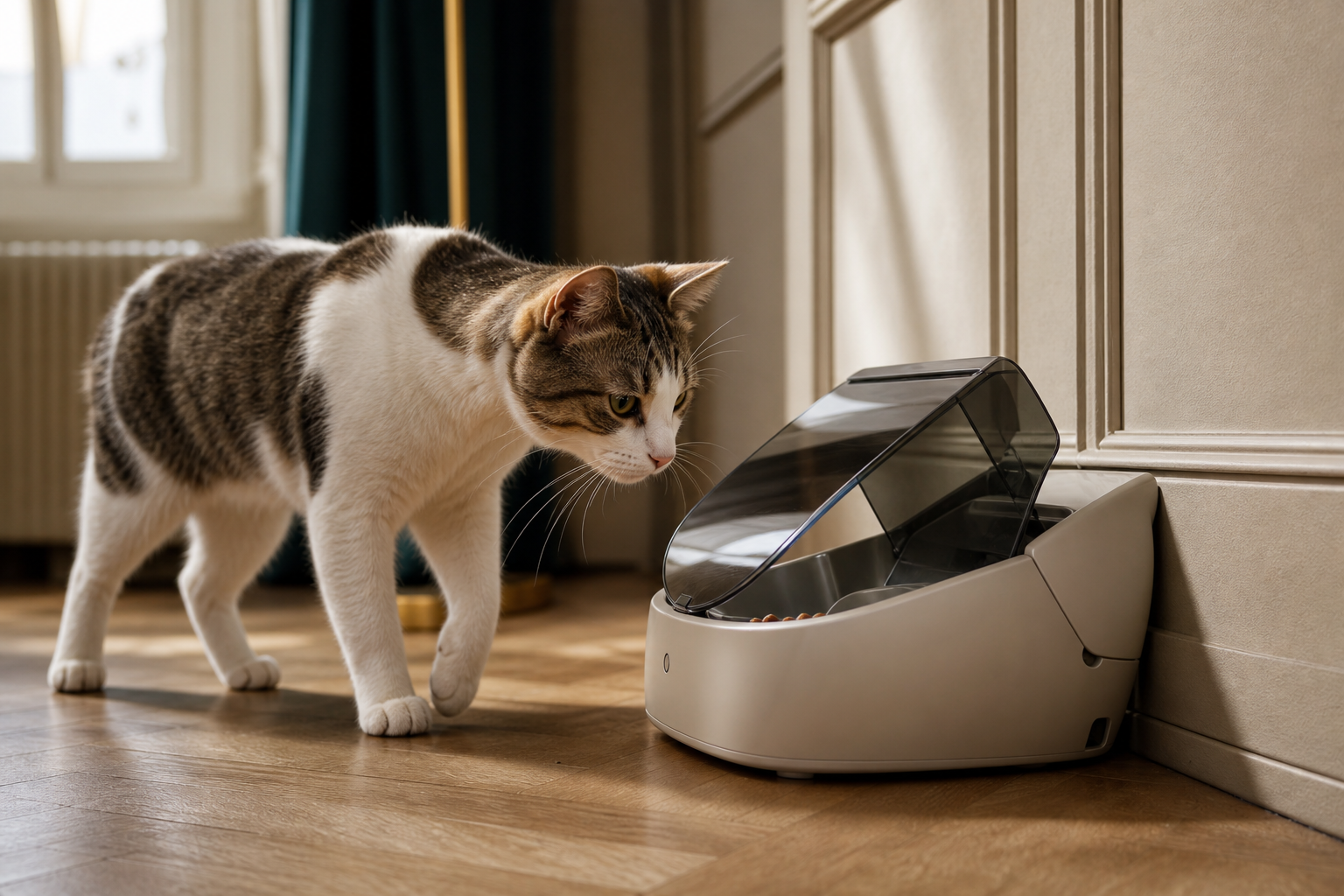 Chat apprenant progressivement à utiliser le couvercle SureFeed