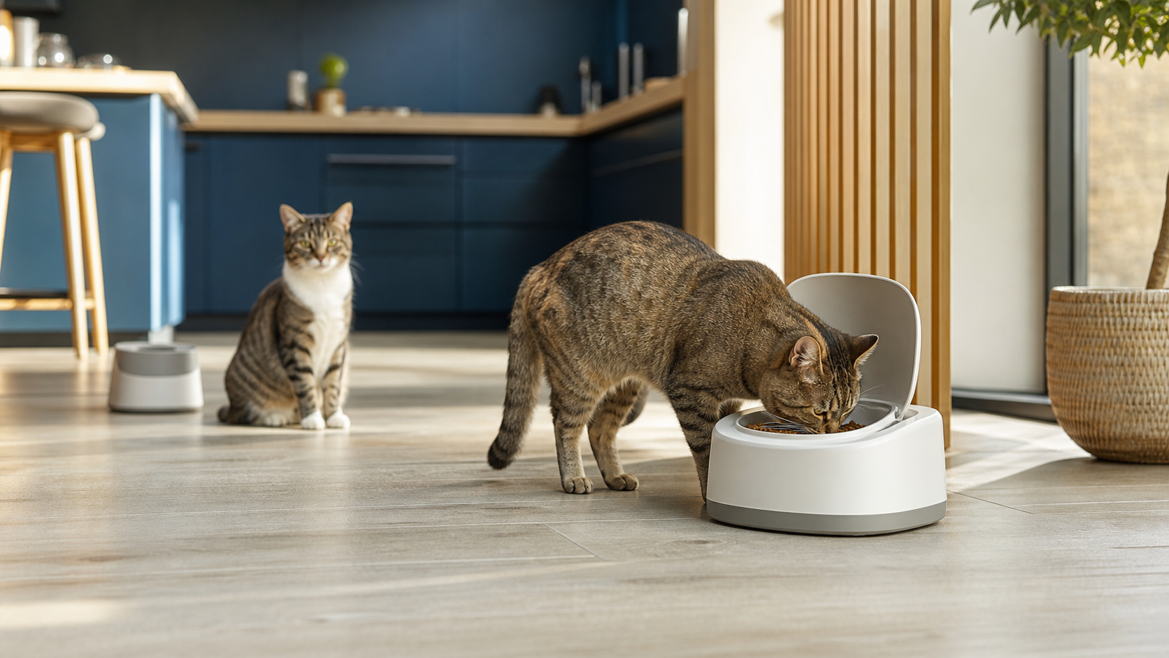 Deux chats et une gamelle à puce électronique dans une cuisine