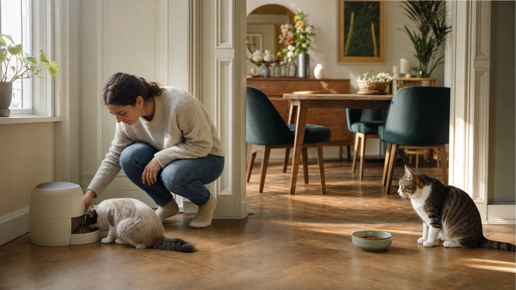 Deux chats dont les repas sont séparés grâce à une gamelle à puce